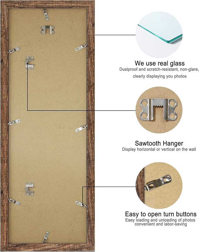 8x24 Picture Frame 2 Pack, Rustic Brown Wood Frame with Tempered Glass, Display Pictures Multiple Five 4x6 With Mat or 8 x 24 Without Mat - Horizontal or Vertical Wall Mounting