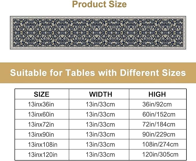 Vintage Boho Floral Table Runner, Morris Rustic Country Farmhouse Dark Blue Grey Retro Flower Pattern for Home Kitchen Table Decor Dining Coffee Room Party Decor 13x72in