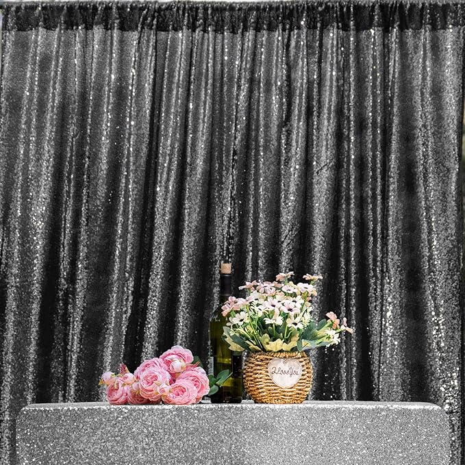 Black Sequin Backdrop Curtains 1 Panel 8FTx8FT Wedding Photo Backdrop Drapes Glitter Birthday Bridal Party Curtains Sparkle Background Party Decor Curtains