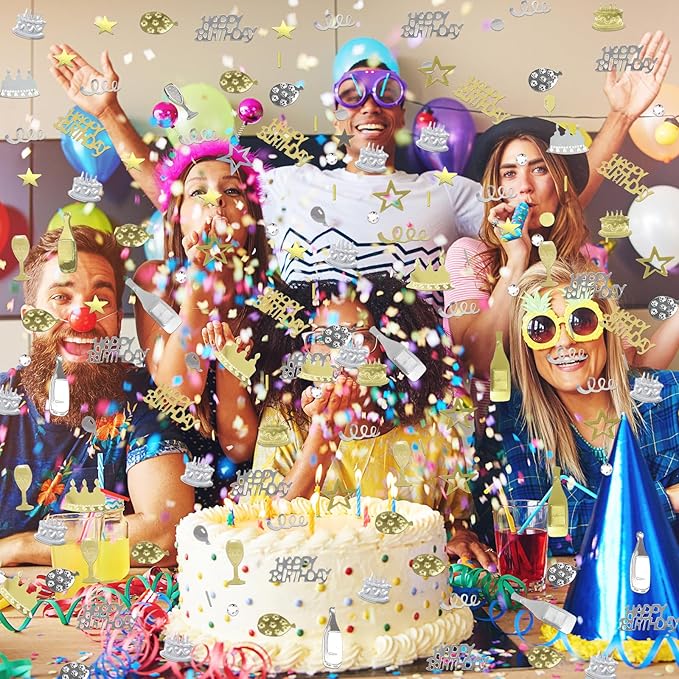Light Gold and Silver Happy Birthday Confetti, 3000 Pcs Birthday Cake Table Metallic Foil Confetti Party Table Decor for Party, Baby Shower, DIY Arts and Crafting