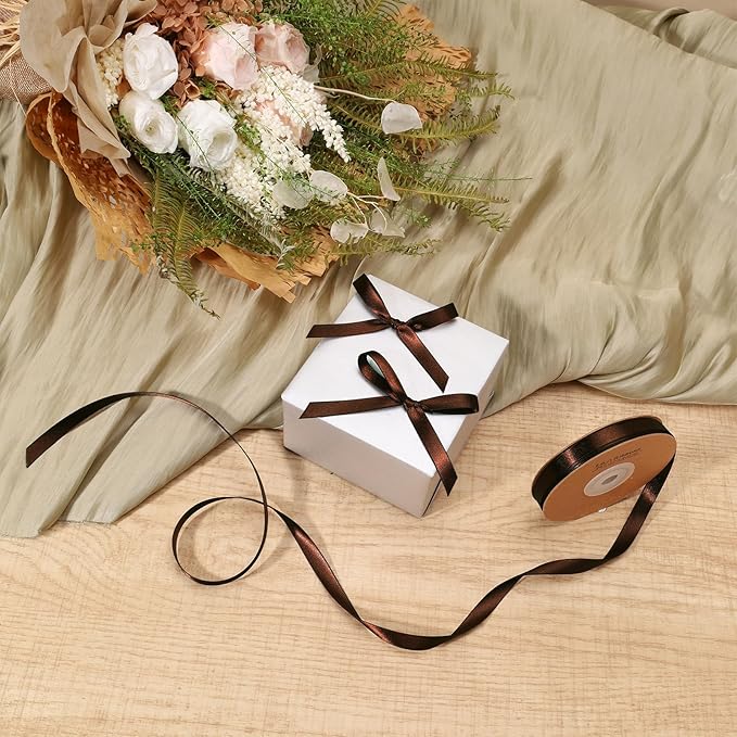LaRibbons Brown Ribbon 3/8 Inch 25 Yards Luxury Double Faced Friar Brown Silk Ribbon for Flower Bouquet Crafts Gift Wrapping Wedding Party Decoration