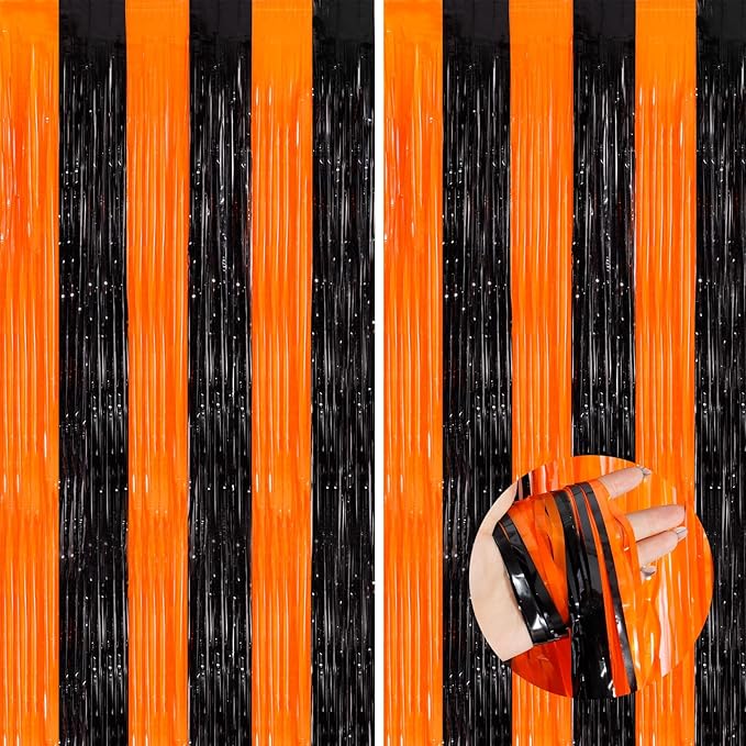 Orange Black Tinsel Foil Fringe Curtains, 2 Pack 3.3x8.3 Feet Party Streamer for Birthday Party Decorations, Halloween Decor, Foil Curtain Backdrop for Bachelorette Party