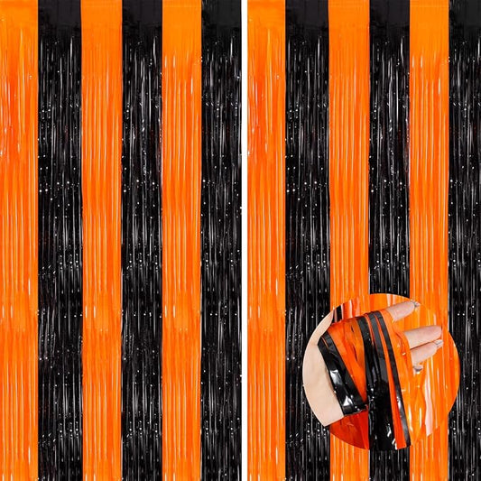 Orange Black Tinsel Foil Fringe Curtains, 2 Pack 3.3x8.3 Feet Party Streamer for Birthday Party Decorations, Halloween Decor, Foil Curtain Backdrop for Bachelorette Party