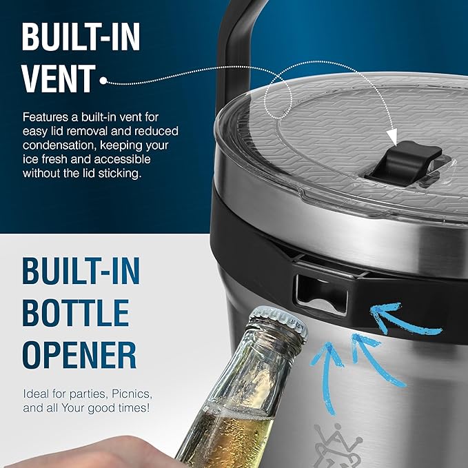 Insulated Ice Bucket with Lid & Scoop-XL Double-Walled, bar Essentials for Entertaining, Holiday Party, Stainless Steel Wine Chiller, Beverage Tub with Handle, Bottle Opener, Great Gift(Steel Black)