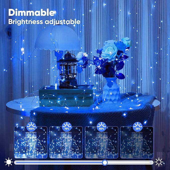 2 Pack 32.8 Ft. Battery Operated Outdoor String Lights with Remote & Timer, LED Blue Fairy Lights, Waterproof Twinkle Lights for Bedroom, Dorm, Mason Jar, Wedding, Party, Christmas