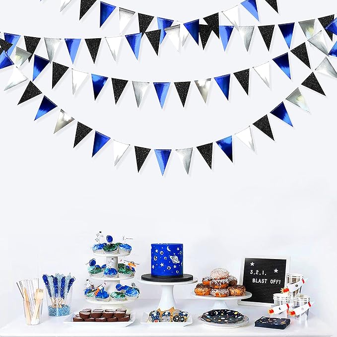 30Ft Navy Blue Black and Silver Party Decorations Royal Blue Triangle Flag Pennant Banner Bunting for Graduation Birthday Wedding Bridal Shower Nautical Ahoy Achor Theme Party Decorations Supplies