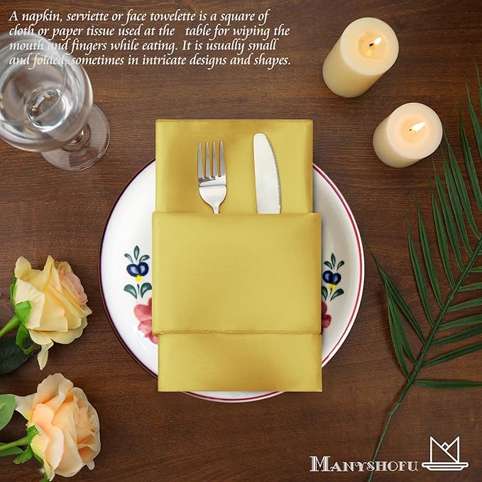 Manyshofu 50 Pieces Yellow Gold Satin Napkins - 12x12 Inches Cloth Napkins, Square Satin Fabric Napkin Set - Soft & Smooth Table Napkins for Wedding Dinner Party Lunch Banquet Restaurant Decoration
