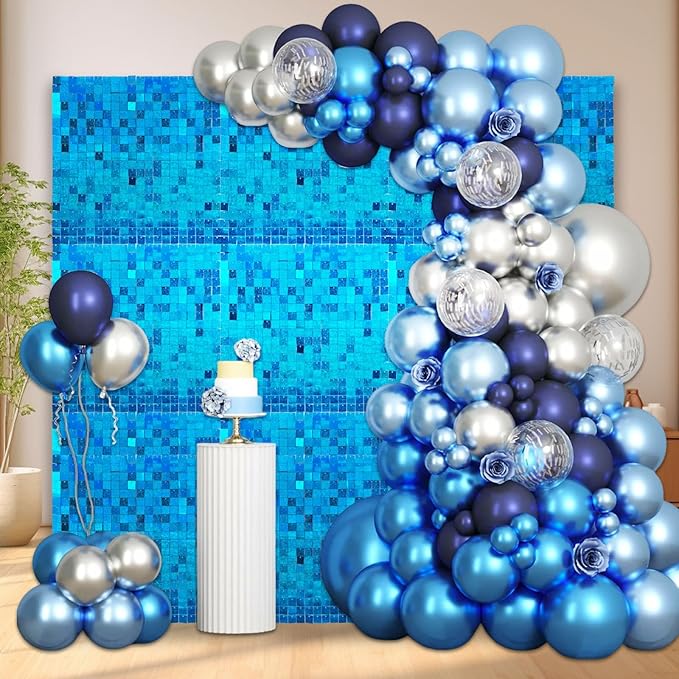 24PCS Lake Blue Shimmer Wall Backdrop, Laser Square Sequin Photo Backdrops Panel, Glitter Wall Background for Birthdays, Weddings, Christmas, Engagements, Disco Bachelorette Party Decoration (4FTx6FT)