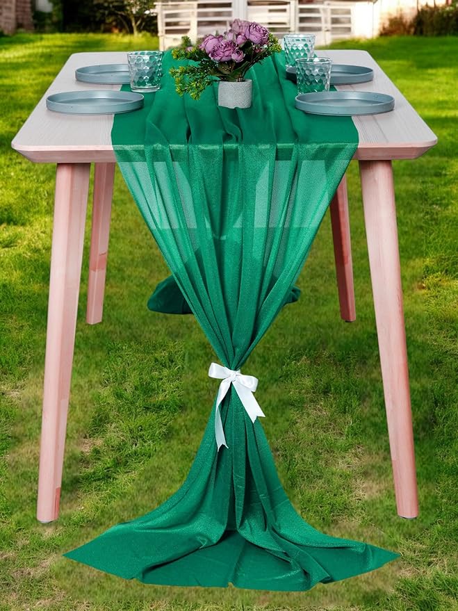 MDS 2 Pack 10ft Chiffon Table Runner 29 x 120 Inches Sheer Wedding Runner Romantic Rustic Table Runner for Wedding Decorations, Birthday Parties, Bridal Shower Party Arch Decor - Emerald Green