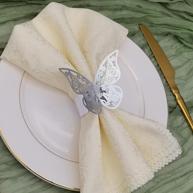 Butterfly Silver Paper Napkin Rings Set of 100 pcs，3D Laser Cut Foil Cutout Paper Napkins Holder,Disposable Serviette Rings for Tables,Decorations,Wedding,Dinner,Party Decor (Silver)
