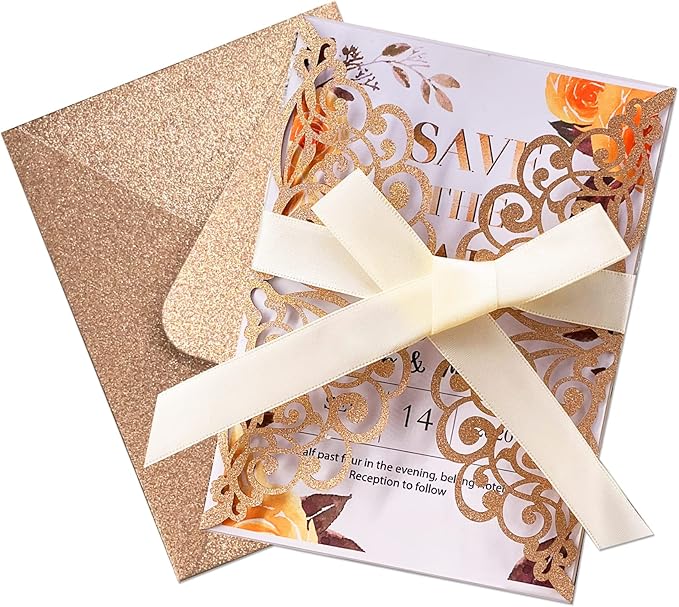 50Pcs Laser Cut Wedding Invitation With Glitter Envelopes And Ribbons Blank Personalized Card Invitaciones Para quinceañera Birthday Baby Shower Christmas Party Bridal Shower (Rose Gold)