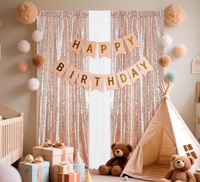 Juya Delight 2Pcs 2FTx8FT Rose Gold Sequin Backdrop Curtains Rose Gold Glitter Photo Backdrops for Party Birthday Wedding Decoration
