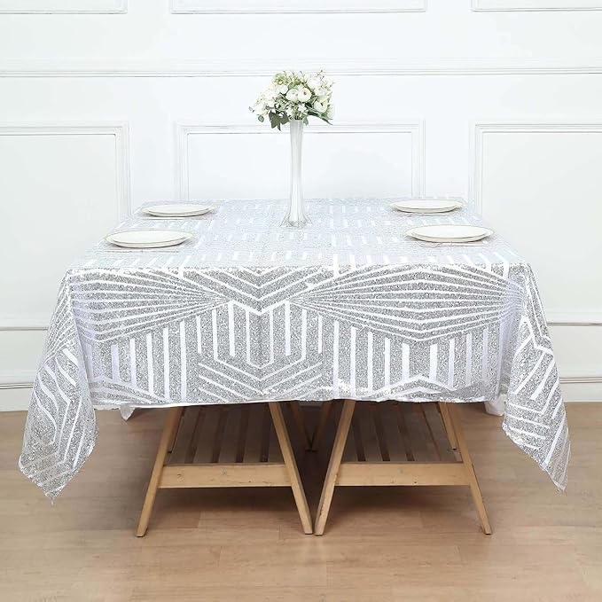 Efavormart 72" Silver Sparkly Sequin Geometric Tulle Square Table Overlay