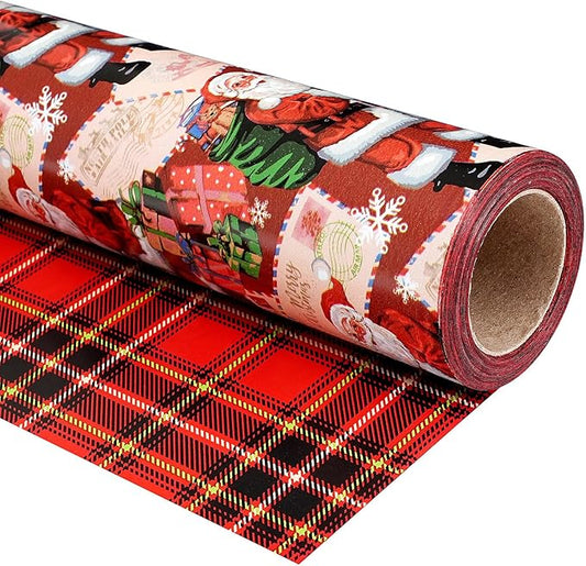 Ulmasinn Reversible Christmas Wrapping Paper Roll - 17" x33ft Double-Sided Designs with Santa and postcard & Plaid for Xmas Gift Wrap for Presents, Table Decor & Crafting
