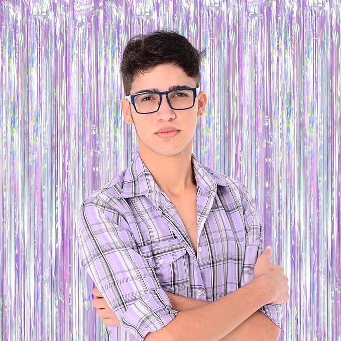 Iridescent Party Backdrop 3Packs, Transparent Tinsel Foil Fringe Curtain Streamers for Girls Birthday, Weddings,Engagement, Mermaid, Unicorn Theme Party Decorations 3.3x8.2ft