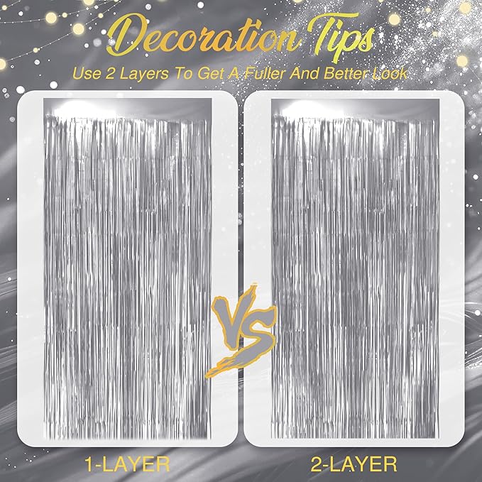 2 Pack Metallic Silver Fringe Backdrop, 3.2x8.2ft Shining Foil Tinsel Curtains, Birthday Party Decorations Door Streamers for Halloween, Christmas, Wedding, Graduation, Holiday, Theme Events
