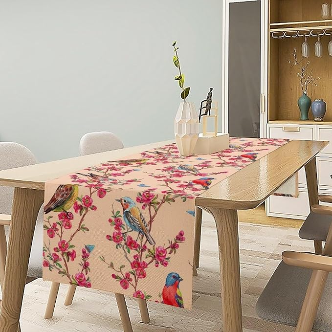 Floral Butterfly Table Runner Seasonal Spring Flower Bird Table Decoration Table Runner for Home Party Decoration 13x108 Inch