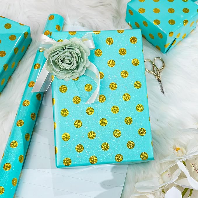 Burymento Blue Holographic Dots Wrapping Paper, Reversible Gold Gift Wrap for Birthday, Valentines, Mothers day, Graduation, Wedding, Fathers day, Baby Shower, Christmas (17in x 16.4ft)