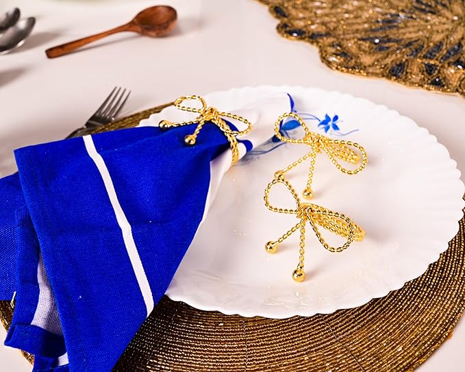 Napkin Rings Set of 12, Holiday Napkin Holders, Metal Napkin Rings for Safari Theme Table Décor Handmade for Holiday, Weddings, Receptions, Banquets, Events, Bow Shape, Gold - ALPHA Living HOME