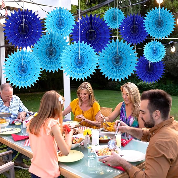 BestoFun 12PCS Paper Fans Blue Party Decorations Tissue Paper Flowers Decorations for Girl Groovy Birthday Baby Shower Wedding Bachelorette Room Wall Hanging Décor