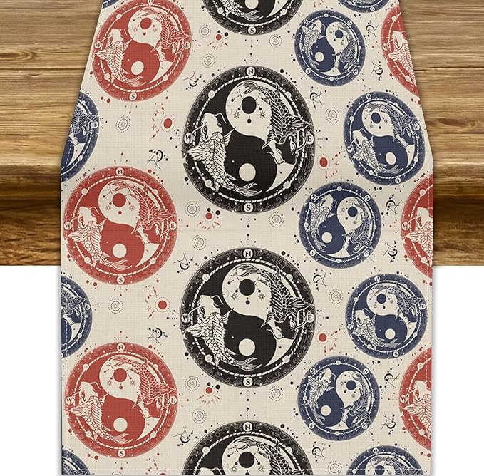 Yin Yang Table Runner, Vintage Mid Century Traditional Oriental Koi Fish Mystical Celestial Moon Stars Print Table Runner for Kitchen Dining Table Party Decor, 13x60inch