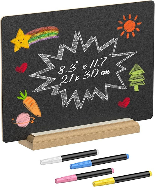 Uniclife A4 Tabletop Chalkboard Sign with Stand & Chalk Markers, 8.3 x 11.7 Inch, Double-Sided Wooden Chalk Board Sign for Tables, Large Reusable Message Board, Menu Board for Bar Restaurant Wedding