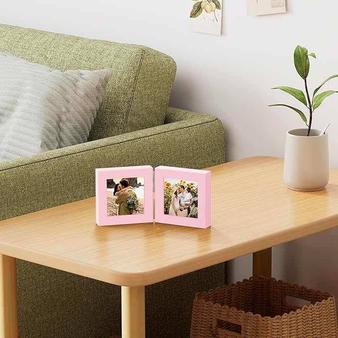 decorUhome Double 4x4 Picture Frame Vertical, Engineered Wood Bifold Photo Frame with Plexiglass for Tabletop Display, 4x4, Pink