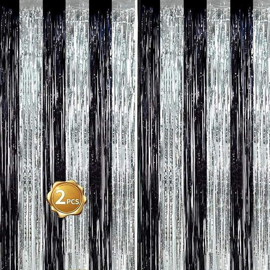 BEISHIDA 2Pcs Black Silver Door Streamers Congrats Grade 2025 Decoration Backdrop Foil Fringe Tinsel Party Streamers Curtains for Birthday Graduation Bachelorette Party Decoations (3.28 ft x 6.56 ft)