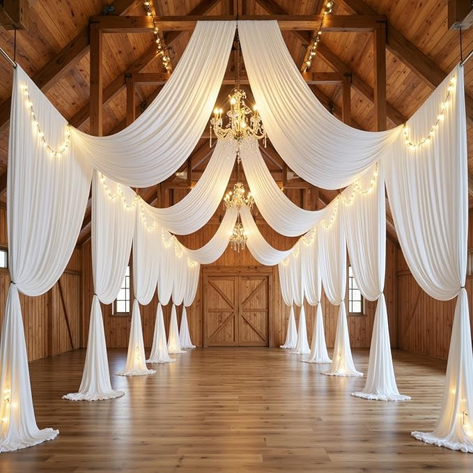 50ft x 15ft Ivory Wrinkle Free Backdrop Curtains for Parties,Silky Polyester Fabric Wedding Ceiling Drapes, 10 Panels 15ft Photo Back Drop Drapes for Baby Shower Photography Stage Background Cloth
