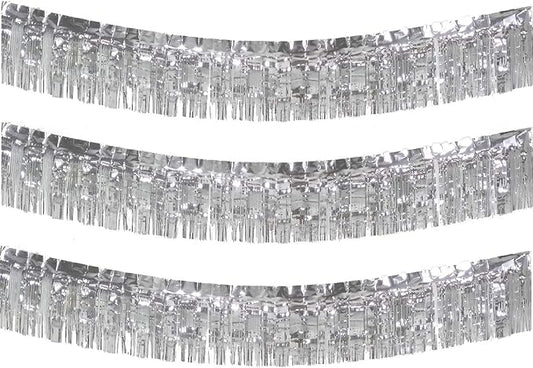 10 Feet Long Roll Foil Fringe Garland - Pack of 3 | Shiny Metallic Tassle Banner | Ideal for Parade Floats, Bridal Shower, Wedding, Birthday | Wall Hanging Fringe Garland Banner (Silver)