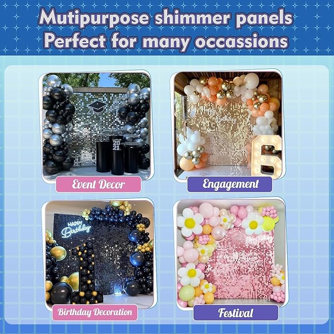 Qcity Iridescent Silver Shimmer Wall Backdrop 36PCS, Black Back Not See-Through Design, Square Sequin Glitter Backdrop Panel, Perfect for Outdoor Events, Birthdays, Wedding and Party Decoration