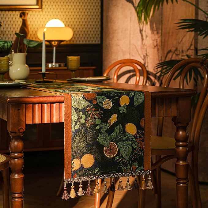 13×72 Inch Table Runner, Retro-Luxury Tassels Series for Kitchen Dining Table Holiday Decoration (Lemon Garden)