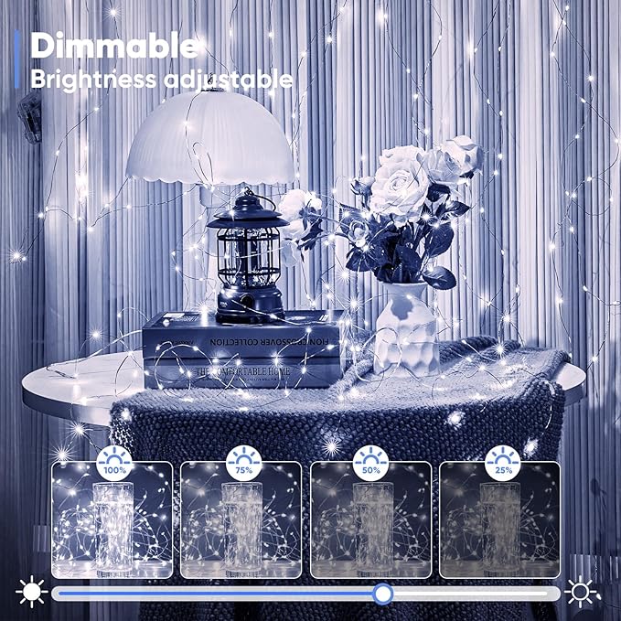 4 Pack 65.6 Ft. Battery Operated Outdoor String Lights with Remote & Timer, LED Cool Whit Fairy Lights, Waterproof Twinkle Lights for Bedroom, Dorm, Mason Jar, Wedding, Party, Christmas