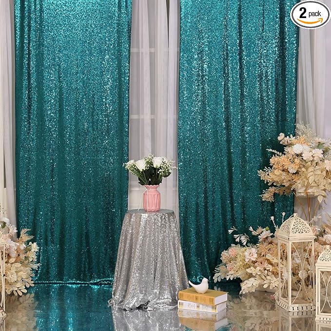 Poise3EHome 2Pcs 3Ft x 8Ft Teal Sequin Backdrop Curtain, Glitter Photography Background, Sequence Xmas Thanksgiving Backdrop for Wedding Party Holiday Festival Decor