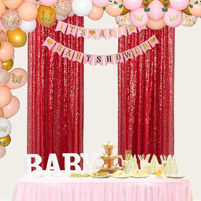 ShinyBeauty Red Sequin Curtains 8 Panels, 2FTx8FT - Dazzling Glitter Backdrop for Festive Events, Birthday Parties, and Christmas Decor, Sparkle Photo Background