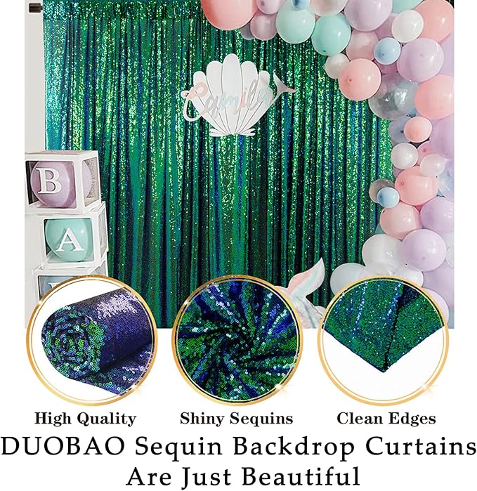 DUOBAO Colorful Green Sequin Backdrop Curtain 7FTx7FT Iridescent Green Glitter Sequins Photography Backdrops Wedding Ceremony Shiny Shimmer Wall Background Baby Shower Party Decorations (7FTx7FT)