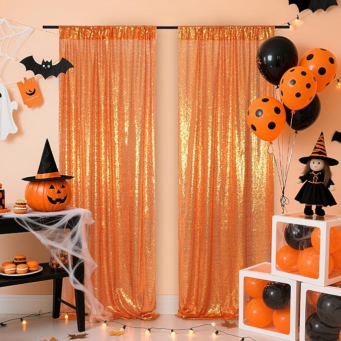 Poise3EHome 4Pcs 2Ft x 8Ft Orange Sequin Backdrop Curtains, Glitter Photography Background, Sequence Xmas Thanksgiving Backdrop (Orange, 4 pcs-2ftx8ft)