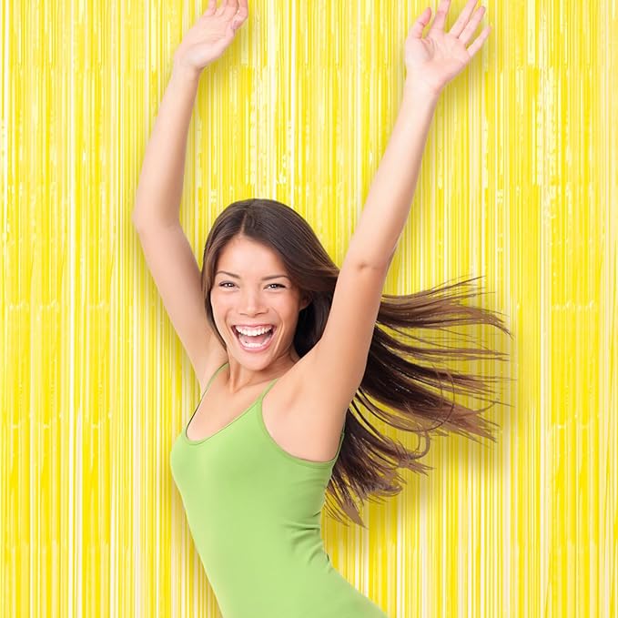 3 Pack 3.3 x 8.2 ft Pastel Yellow Foil Fringe Backdrop Curtains, Tinsel Streamers Birthday Party Decorations, Fringe Backdrop for Graduation, Baby Shower, Gender Reveal, Disco Party