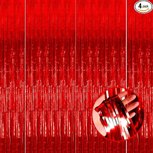 4 Pack Red Foil Fringe Curtain Backdrop, 3.28Ft x 8.2Ft Metallic Tinsel Foil Fringe Streamer for Party, Photo Booth Props, Birthday, 2022 Mother's Day Decoration Party Supplies