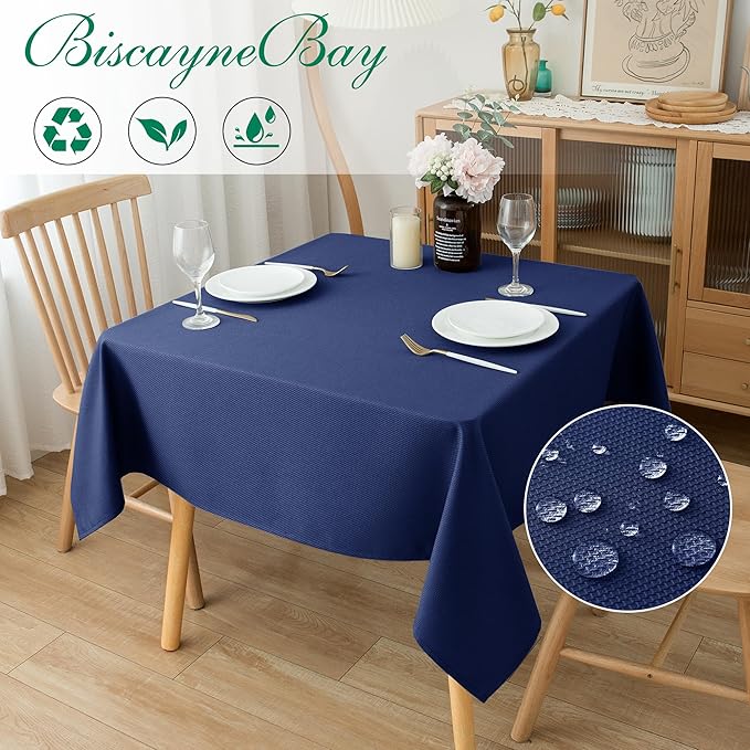 Biscaynebay Textured Fabric Square Tablecloths 54x54 Inches, Navy Water Resistant Table Cloth Small Card Folding Table Covers Linen for Dining, Kitchen, Wedding and Parties etc. Machine Washable