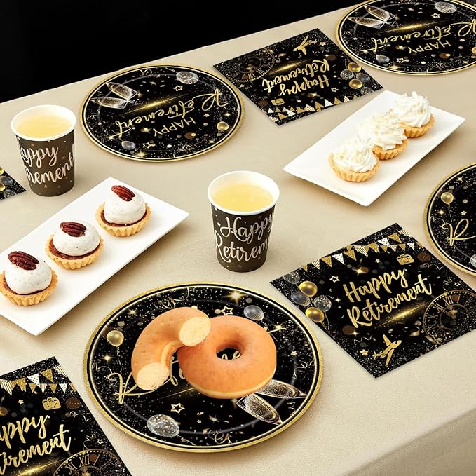 40pcs Happy Retirement Party Supplies Decorations Set, Black Gold Happy Retirement Plates and Napkins for Men and Women, Suitable for 20 Guests