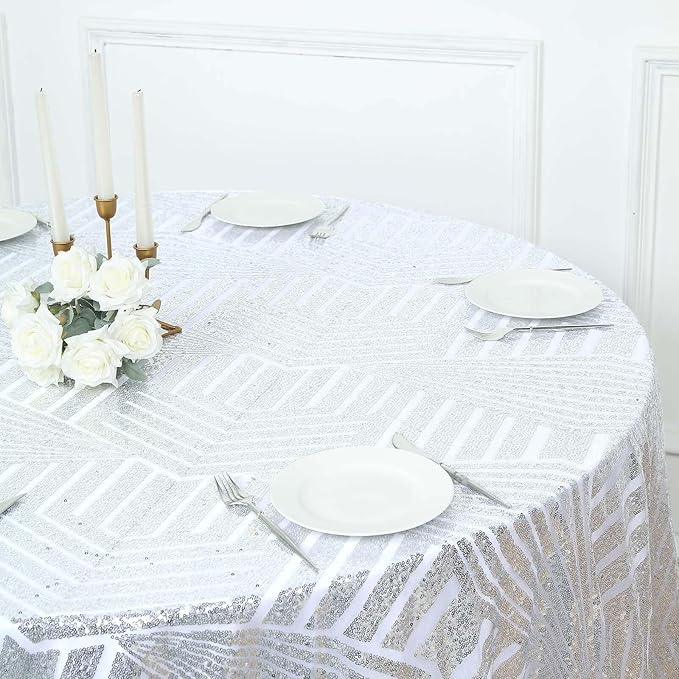 Efavormart 120" Silver Sparkly Sequin Geometric Tulle Round Tablecloth
