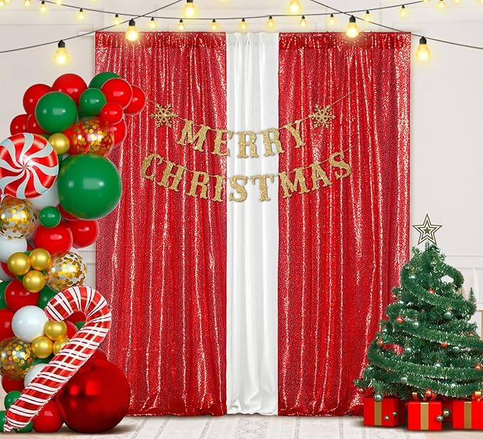 Juya Delight Red Sequin Backdrop Curtains 2Pcs 2ftx8ft Glitter Photography Backdrop for Party Shimmer Back Drapes Birthday Valentine Decorations