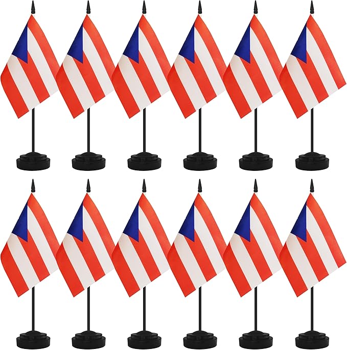 12 Pack Puerto Rico Desk Flags, Puerto Rican Desktop Flag, Small Miniature Office Flags with 12" Black Pole and Black Base, Offices, Classroom, Home, Festival Decoration (Puerto Rico)