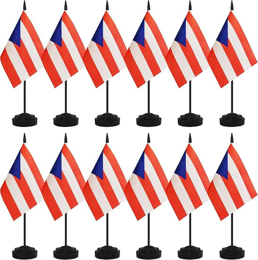 12 Pack Puerto Rico Desk Flags, Puerto Rican Desktop Flag, Small Miniature Office Flags with 12" Black Pole and Black Base, Offices, Classroom, Home, Festival Decoration (Puerto Rico)