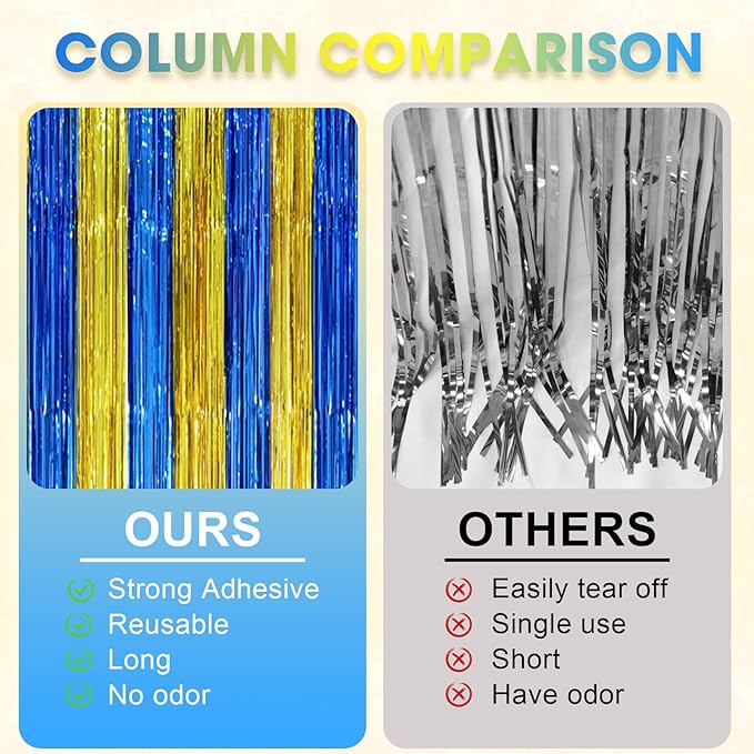 3 Pack 3.3 x 8.2 ft Blue Gold Foil Fringe Backdrop Curtains, Tinsel Streamers Party Decorations, Fringe Backdrop, Door Shimmer for Father's Day Graduation or Birthday Party