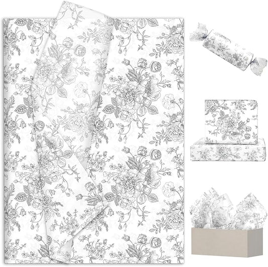 JarThenaAMCS 100 Sheets Floral Tissue Paper Silver Flower Gift Wrapping Paper Vintage Decorative Art Paper for Home Party DIY Crafts Supplies, 14 x 20 Inch