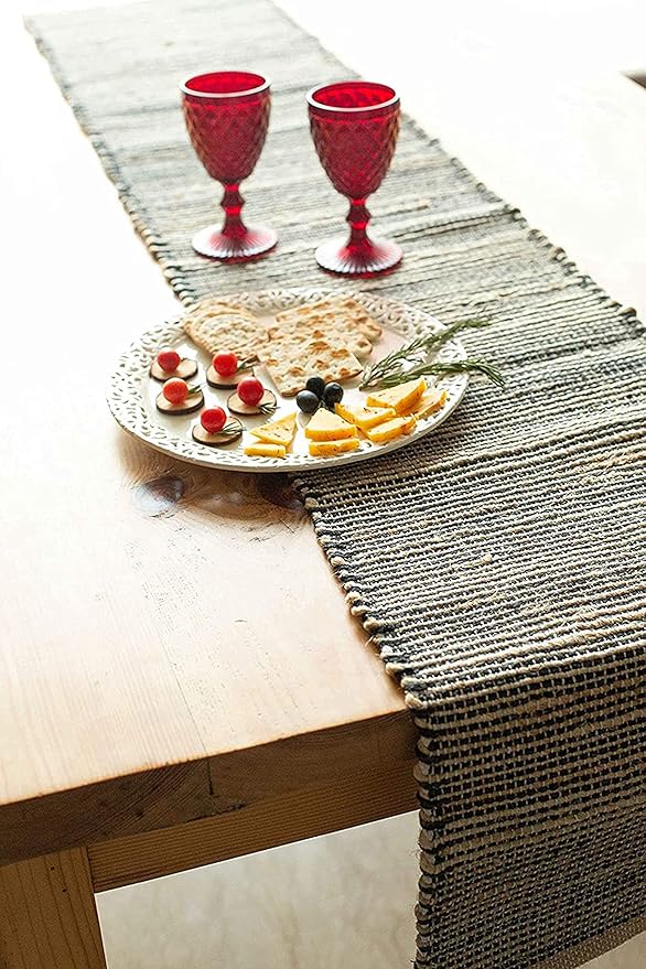 Chardin home Natural Jute Table Runner 13x108 Inch – Vintage Boho Rustic Table Decor – Handwoven Long Table Runner in Natural Jute and Black – Farmhouse Dining or Console Table Accent