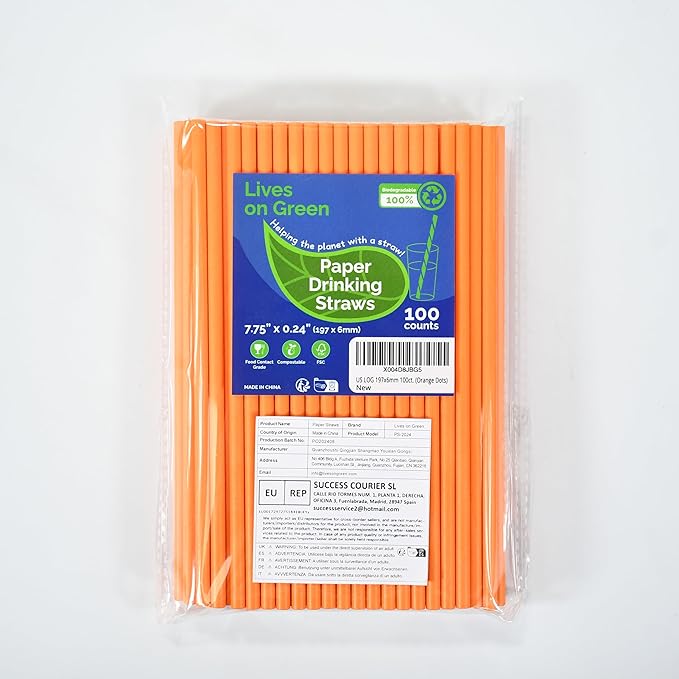 7.75 inch Solid Orange Paper Drinking Straws Unwrapped 100 Counts for Cocktail, Bar, Restaurants, Water, Juice, Soda