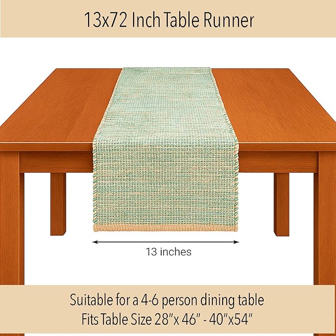 Chardin home Natural Jute Table Runner 13x72 Inch – Vintage Boho Rustic Table Decor – Handwoven Table Runner in Natural Jute and Sage Green-White – Farmhouse Dining or Console Table Accent